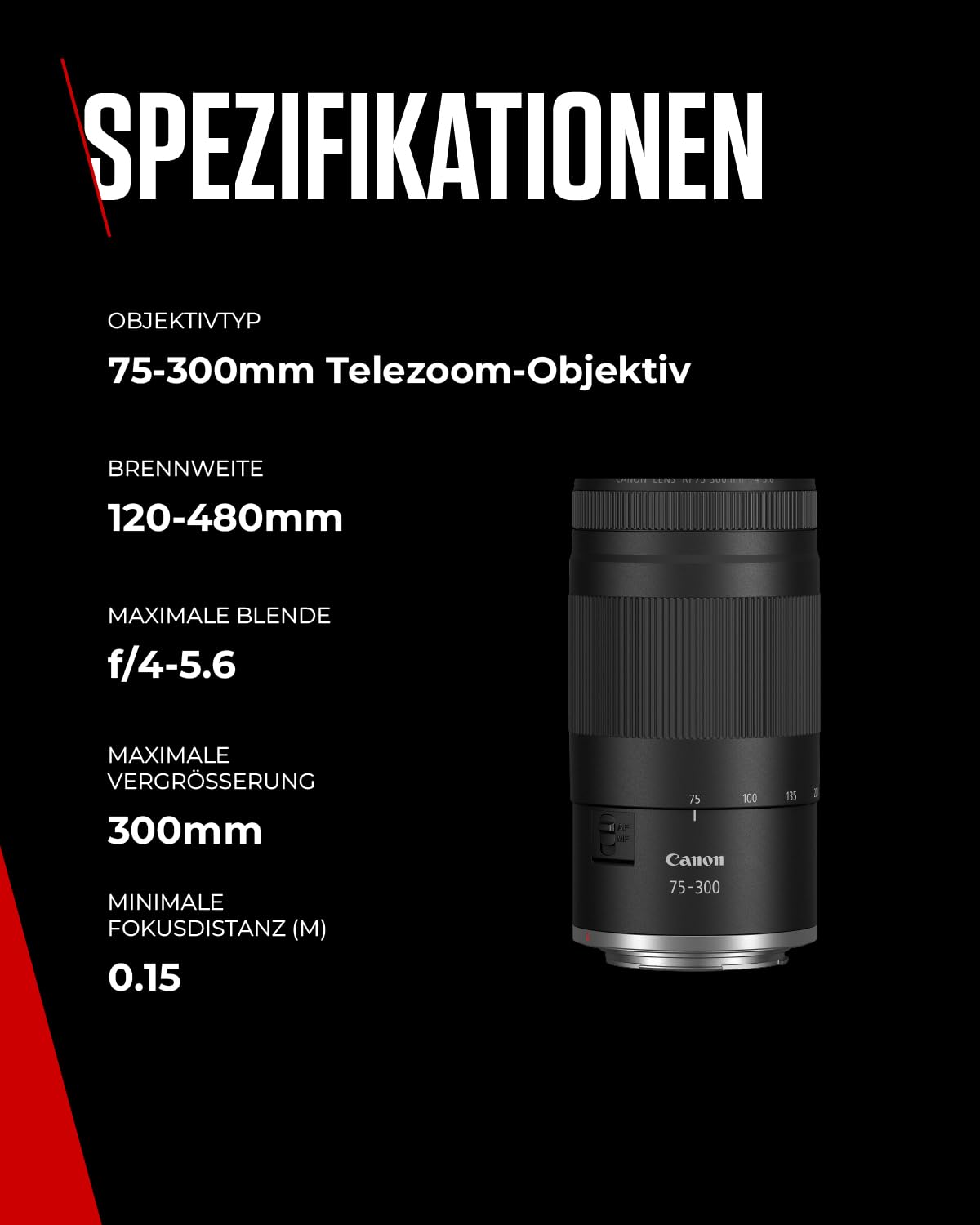 Canon RF 75-300mm F4-5.6 Objektiv | Leichtes Telezoom-Objektiv für Tier- & Sportfotografie | Mit Autofokus-Motor & Super-Spectra-Beschichtung | Kompatibel mit Canon EOS R Systemkameras
