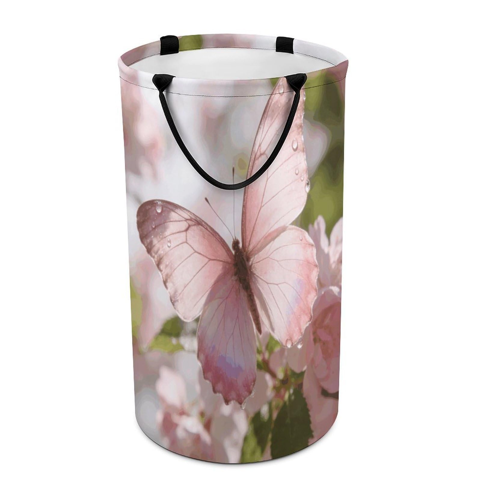 Butterfly-pink Laundry Hamper 86L Waterproof Collapsible Clothes Basket with Double Handles Freestanding Foldable Laundry Basket Large Clothes Hamper for Bathroom