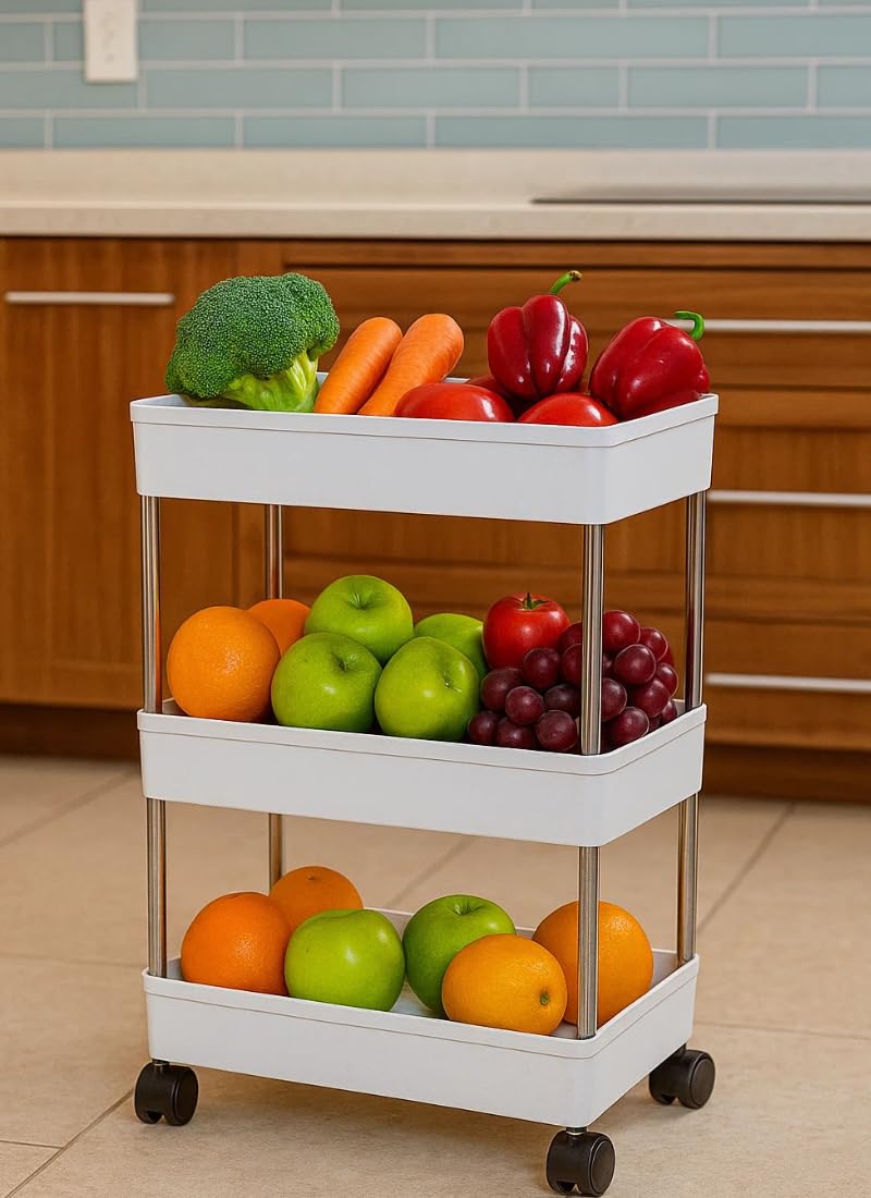 3 Tier Slim Rack Shelf with Wheels-Plastic Trays with Stainless Steel Support-Kitchen Storage Trolley-Multipurpose Space Saver Organizer-Onion Potato Rack & Vegetables Stand(White Color)