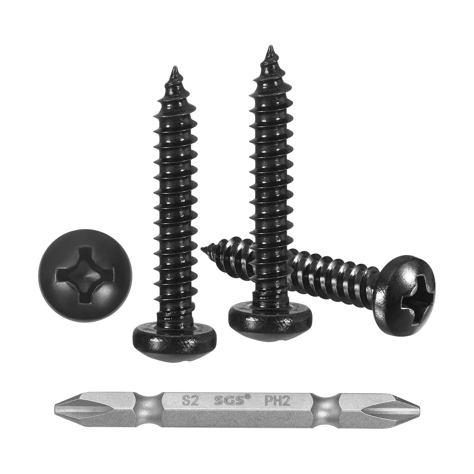 METALLIXITY Phillips Pan Head Self Tapping Screws(#8x1") 150Pcs, 304 Stainless Steel Self Drilling Screw for Metal Wood Plastic with Bit, for Cabinet Wall Shutter Plate Rock Furniture, Black