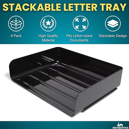 Miniatura 2 de 1InTheOffice Organizador de bandejas de papel apilables, bandeja de plástico para cartas, bandeja de escritorio de oficina, color negro (paquete de