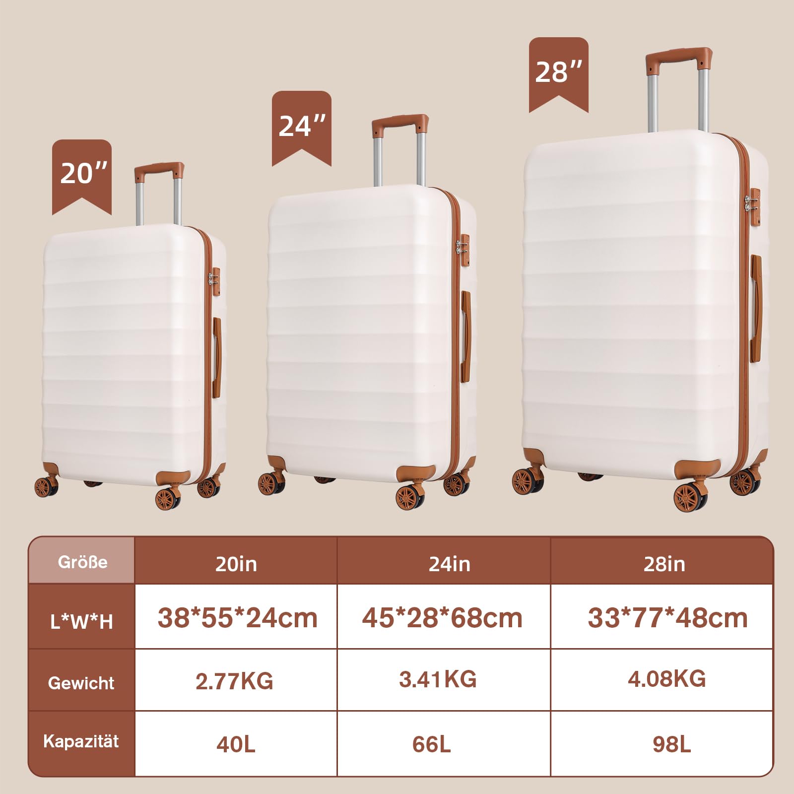 Set valigie, beige e marrone, [55*38*24] cm, [68*45*28] cm, [77*48*33] cm