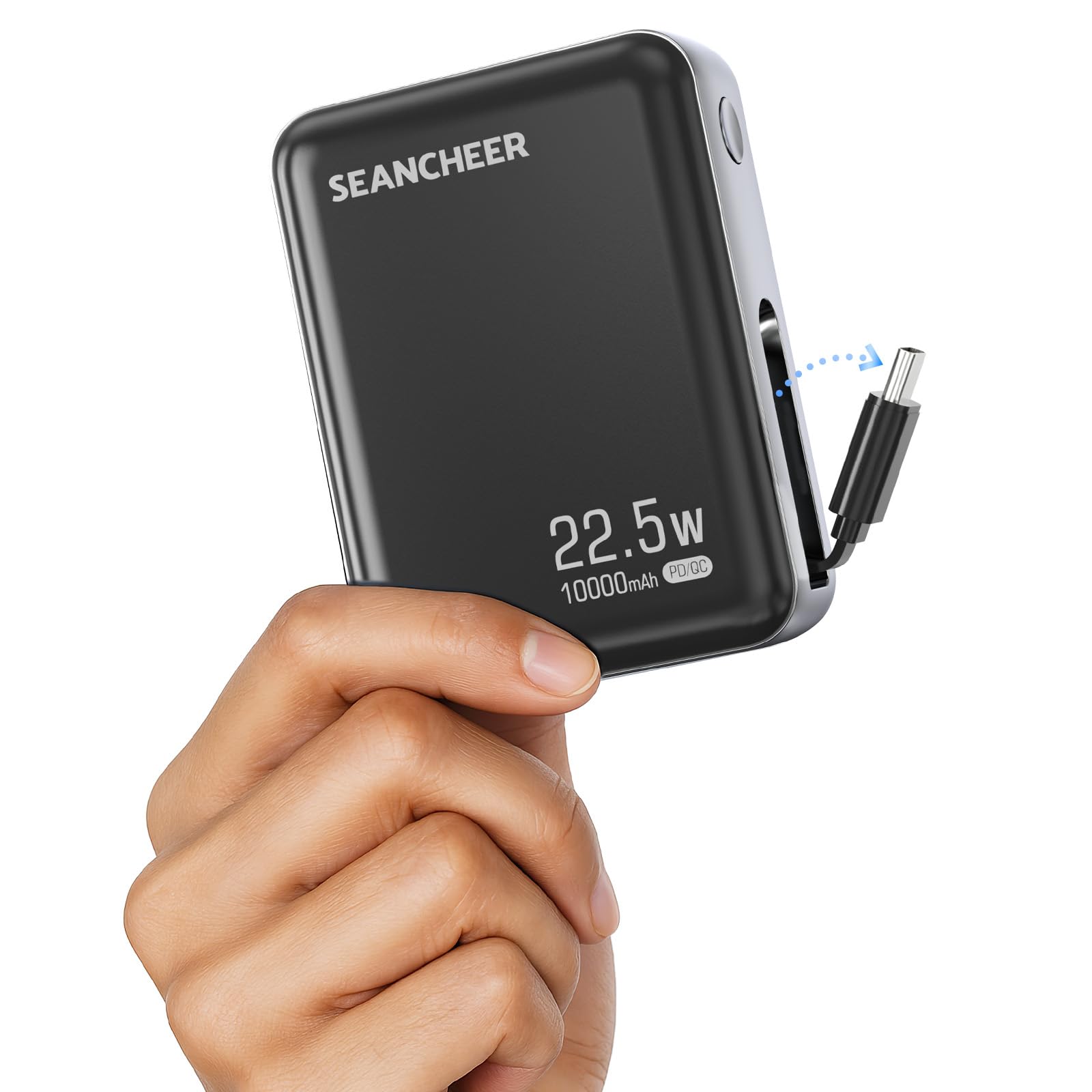 SEANCHEER Smallest Power Bank Portable Charger10000mAh with 22 5w Fast Charging Retractable 2 3 ft USB-C Cable USB