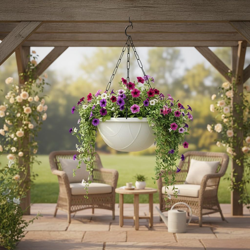 Tim Tim Agro White Hanging Planter Basket - 10 Inch Indoor Outdoor Flower Pots, Plant Containers with Drainage Hole, Plant Pot for Hanging Plants, Pack 2 3