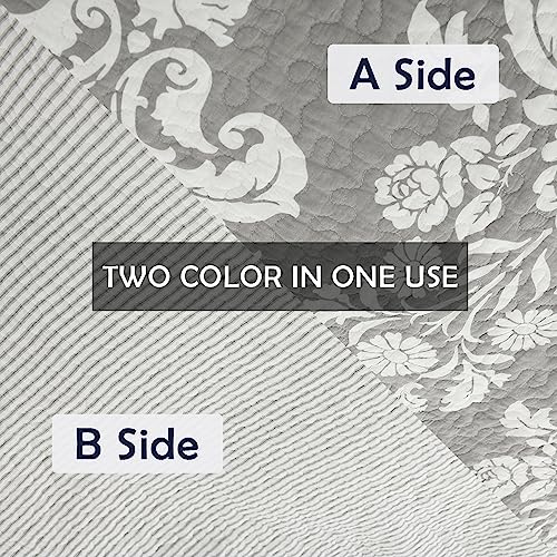 Quilt King Size, Gray King Quilt Set 100% Cotton Bedspreads Lightweight Soft Quilted Reversible Bedding Set Farmhouse Damask Paisley Floral Comforter Coverlet,All Season Grey/Gray White 3-Piece #TOP4