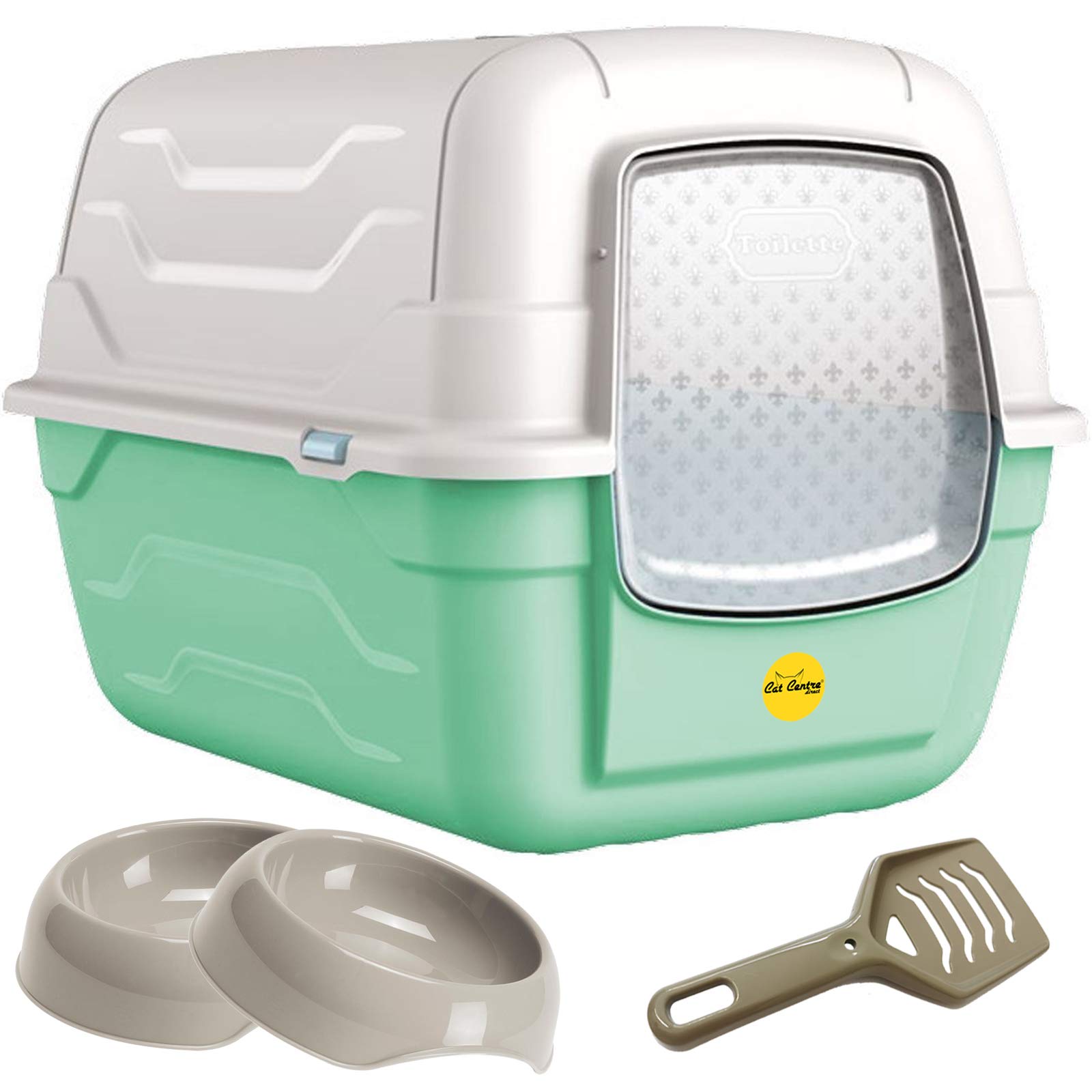 CAT CENTRE Green Large Hooded Luxury Cat Litter Tray & Gusto Food Water Bowls Bundle
