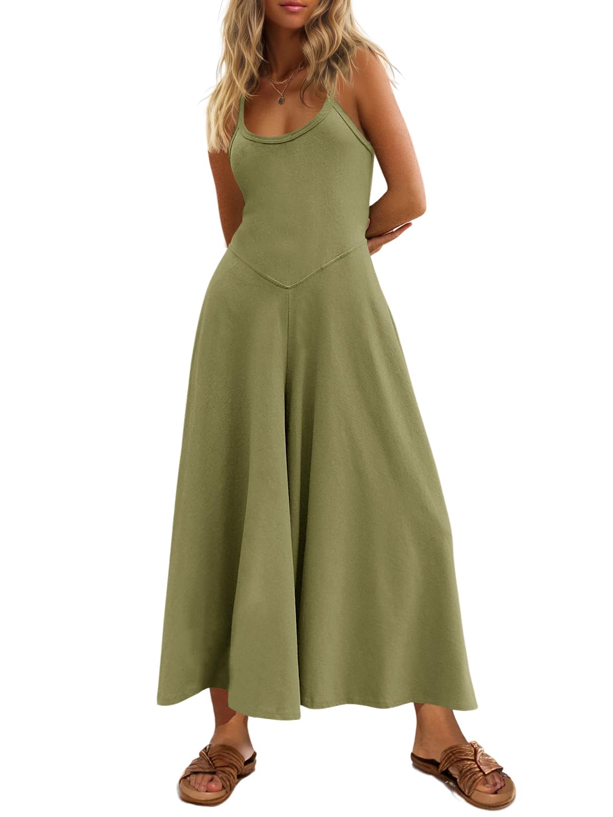 Cicy Bell Womens Casual Wide Leg Jumpsuits Summer Spaghetti Strap Sleeveless Cut Out Loose Long Pant Rompers with Pockets