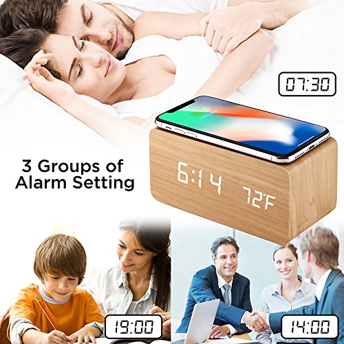 Oct17 Wooden Alarm Clock With Qi Wireless Charging Pad Compatible With Iphone Samsung Wood Led Digital Clock Sound Control Function, Time Date, Temperature Display For Bedroom Office Home - Wood #TOP6