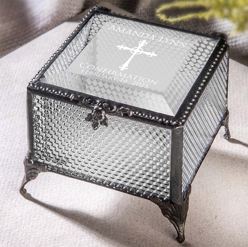 Personalized Clear Textured Stained Glass Jewelry Box for Confirmation - Custom Engraved Gift Box 825 EB221