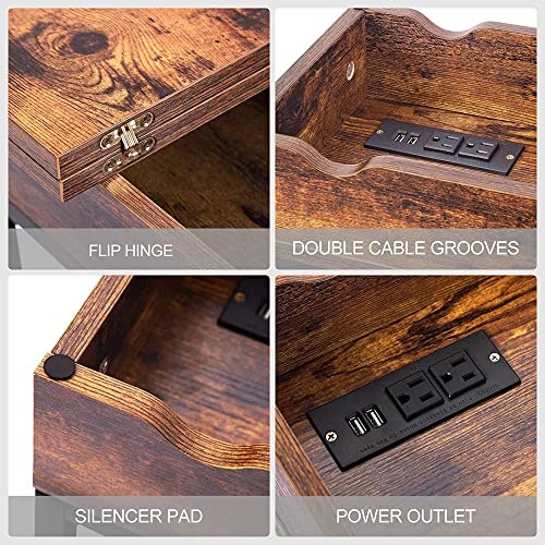 Fabato End Table With Charging Station Nightstands With Storage Shelves Flip Top&Usb Ports Narrow Sofa Side Table For Small Spaces With Metal Frame Living Room Bedroom, Rustic Brown #TOP5