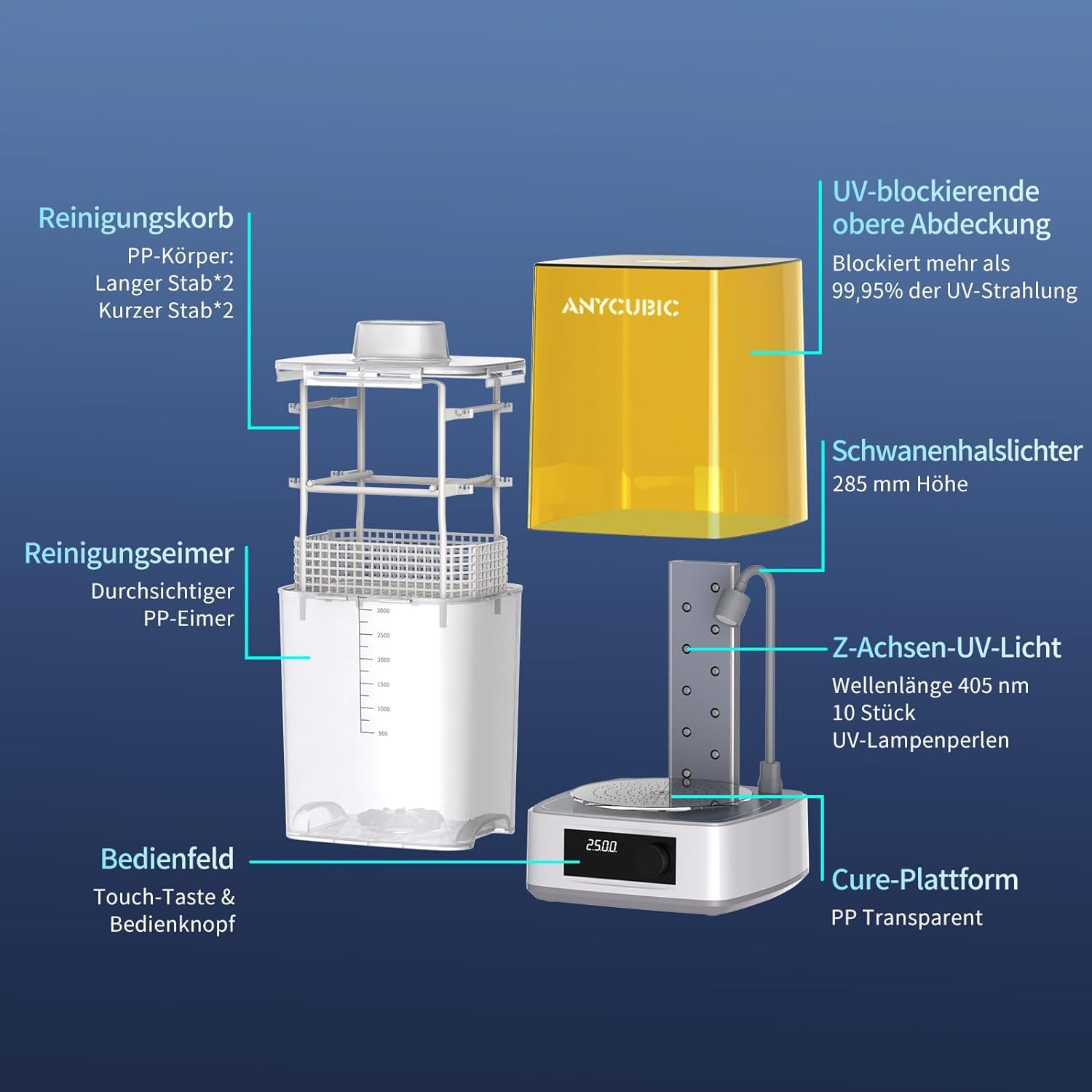 ANYCUBIC Wash & Cure 3 für LCD/DLP/SLA Resin 3D Drucker Modell, 2 in 1 Wascheimer und UV Durchhärtegerät für Photon Mono 2/4K/Halot-One/Mars 3/3 Pro/Mars 4/4 Ultra, Wasch Größe 165 * 100 * 180mm