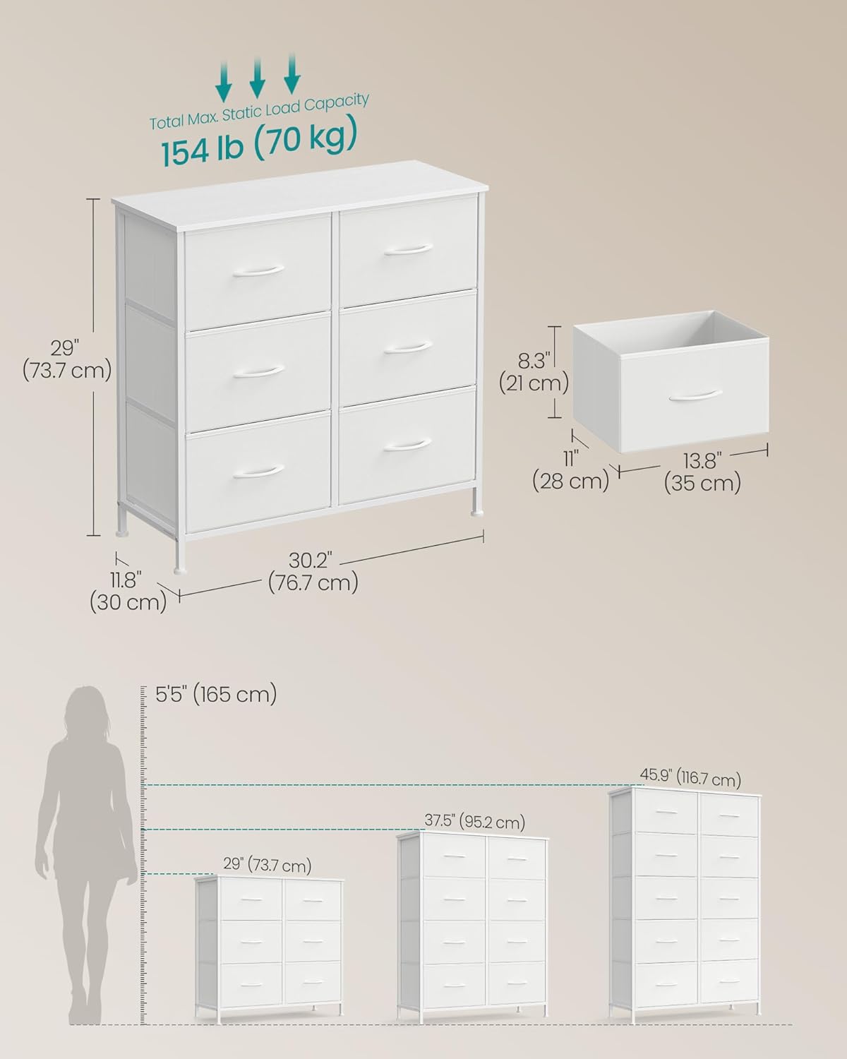 SONGMICS Dresser for Bedroom, Chest of Drawers, TV Stand, Steel, MDF, 6 Non-Woven Fabric Drawers, Storage Organizer Unit, Closet, Entryway, Cloud White and Snow White ULGS123W01S Cloud White + Snow White 11.8"D x 30.2"W x 29"H (6 Drawers)