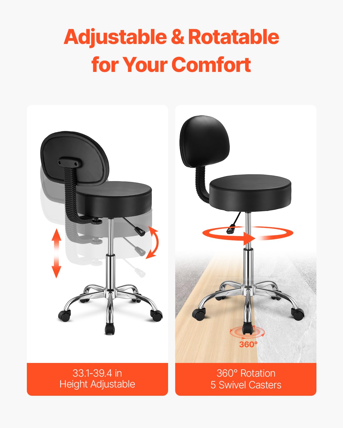 VEVOR Tabouret à roulettes avec Support Dorsal, capacité Poids 204 kg, Rond Tabouret Roulant, Hauteur réglable, Chaise pivotante en Cuir PU épais, pour Salon, Spa, Massage, Tatouage, Clinique, Noir
