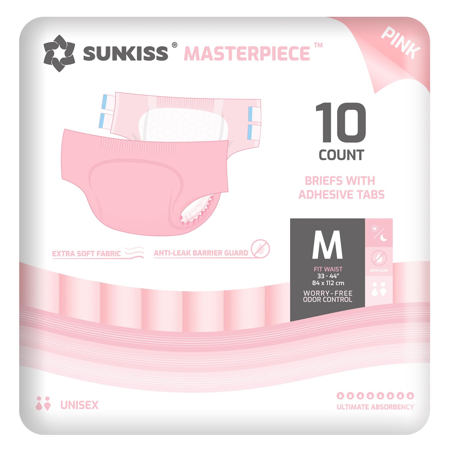 SUNKISS Masterpiece Pannoloni per Adulti a Mutandina per Incontinenza, Pannoloni Mutandina per Uomini e Donne, Unisex, Controllo degli Odori, Protezione Durante Notte, Rosa, Taglia M, 10 Unità