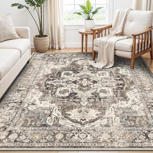 YOUFORTONG Area Rugs 5x7 Washable Non-Slip Boho Rug Stain Resistant Rugs for Living Room Dining Room Bedroom Low-Pile and Ultra Soft Area Rug (Beige, 5x7)