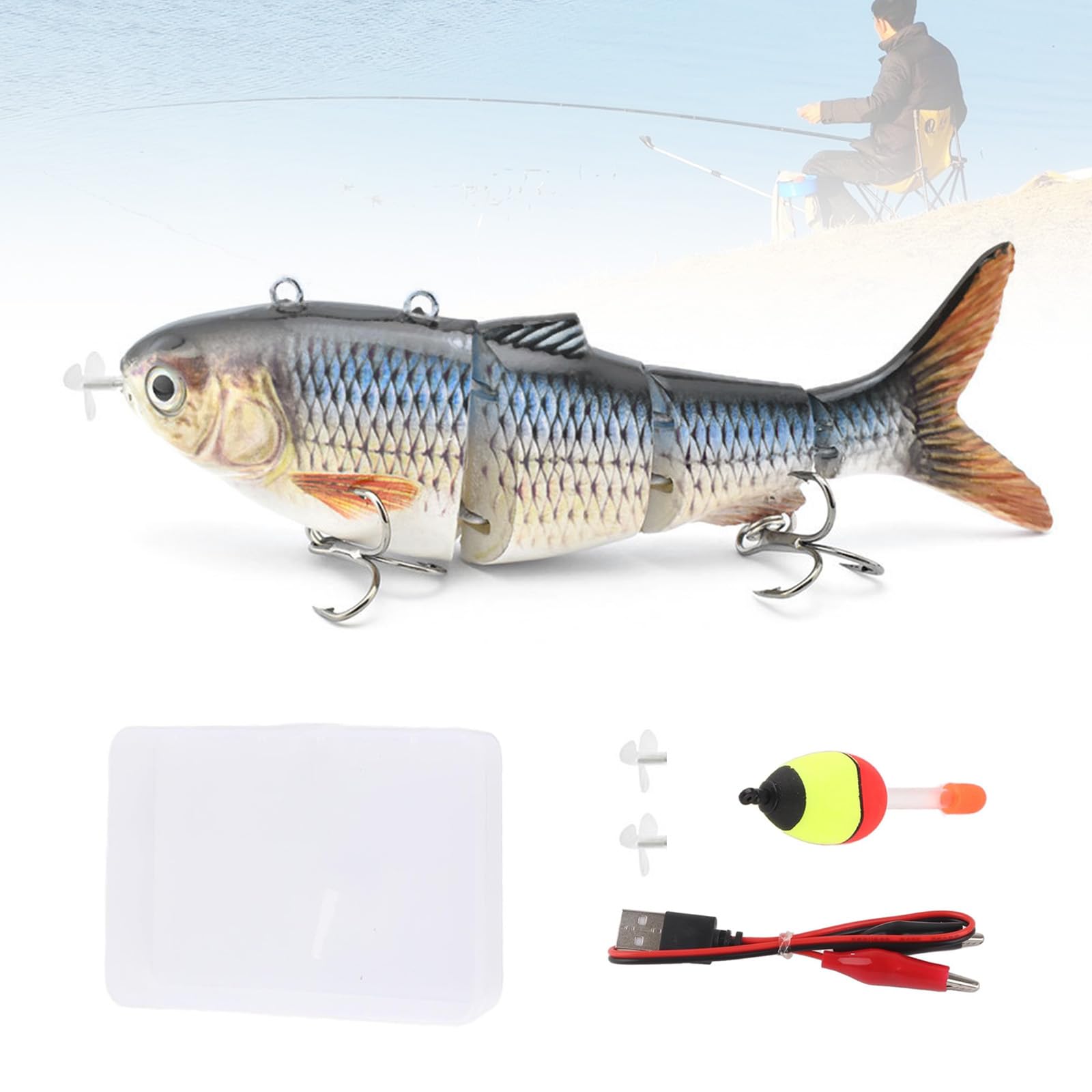 Appât de Pêche Électrique Multi-articulé de 13 cm avec Lumière LED Verte pour Brochet - Appât de Natation Électrique - Rechargeable USB - Blanc - 1 Pièce