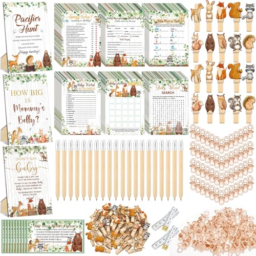 Sherr Woodland Baby Shower Games Kit (6 sets) with 300 cards, 50 pacifiers, 2 tapes