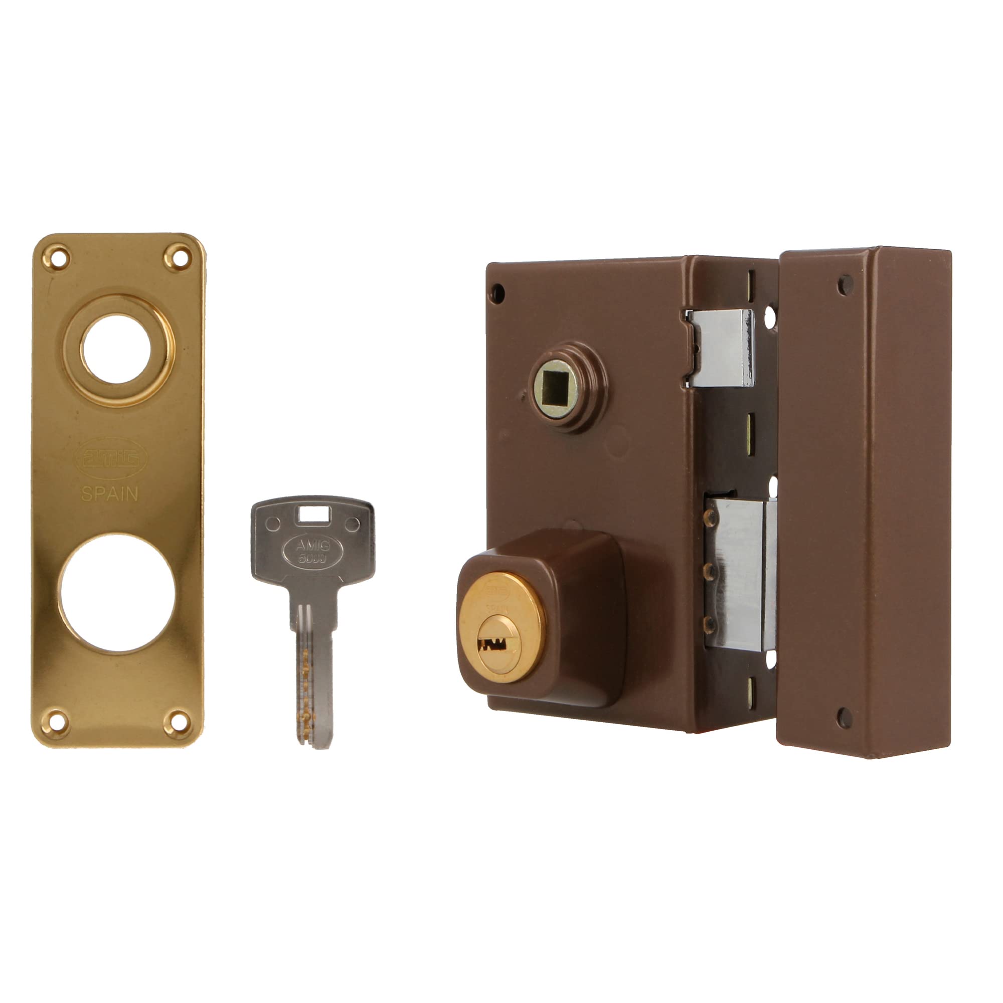 Amig - Cerradura de Sobreponer de Derecha con Palanca de Cierre, Lengüeta y Cuadradillo para Puertas de Madera Mod. 75N / 67 x 112 mm/Cilindro Redondo de Seguridad/Acero Marrón