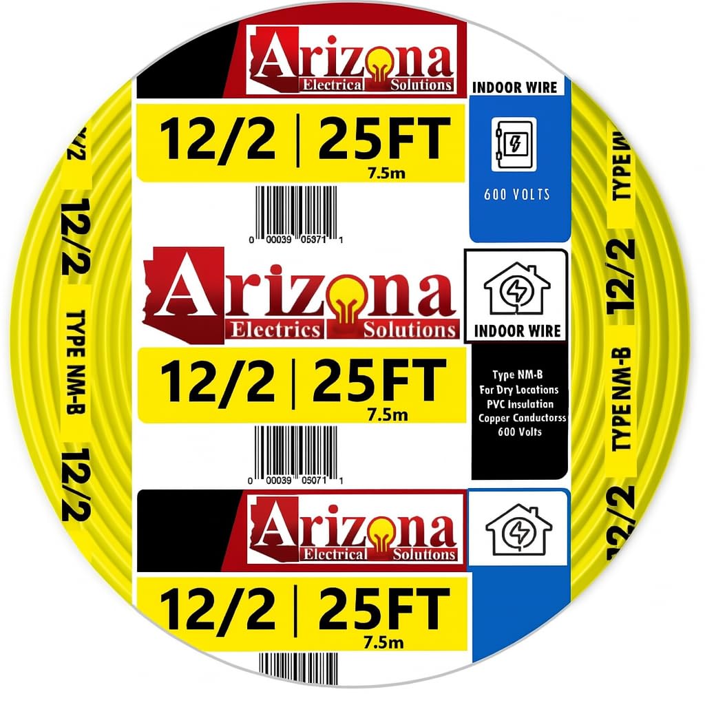 Arizona Electrical Solutions 25 Ft 12/2 NM-B Copper Wire #12 AWG 2 Conductor Ground Yellow Jacket - NEC Compliant