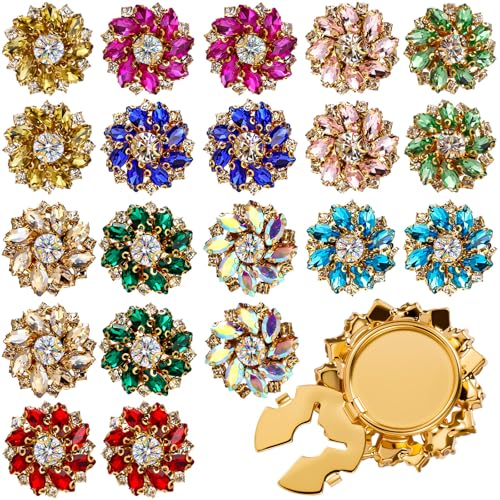 Shappy 20 Pcs Rhinestone Flower Button Covers for Women Clips Color Sewing Buttons Jewelry Clip Crystal Button for Crafting DIY Clothing (Flower 27 mm)