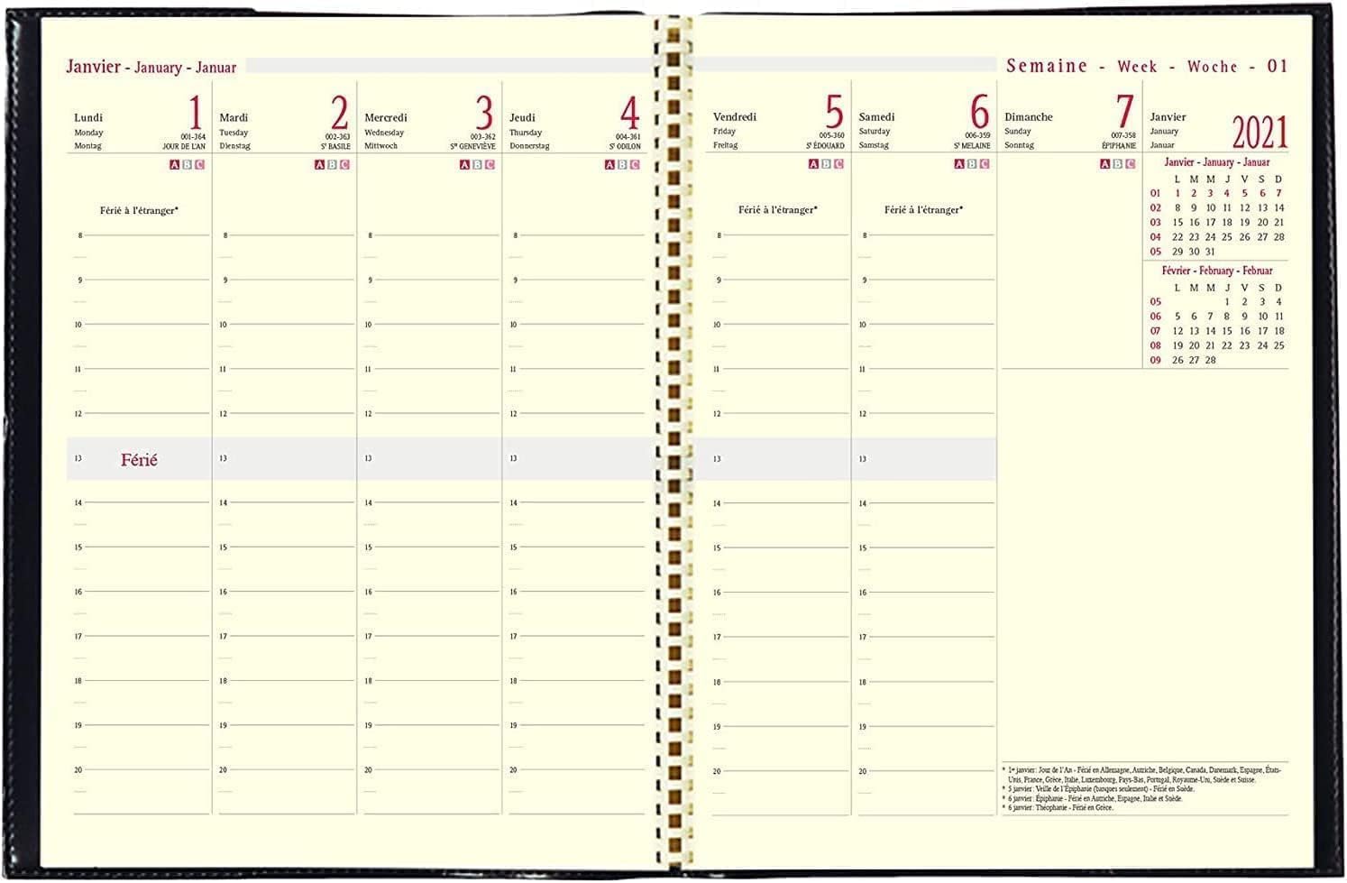 OBERTHUR - 1 Agenda Semainier de Bureau 25 DAVOS - Janvier 2027 à Décembre 2027 - Format : 17 x 25 cm - Coloris Noir - 2 Langues