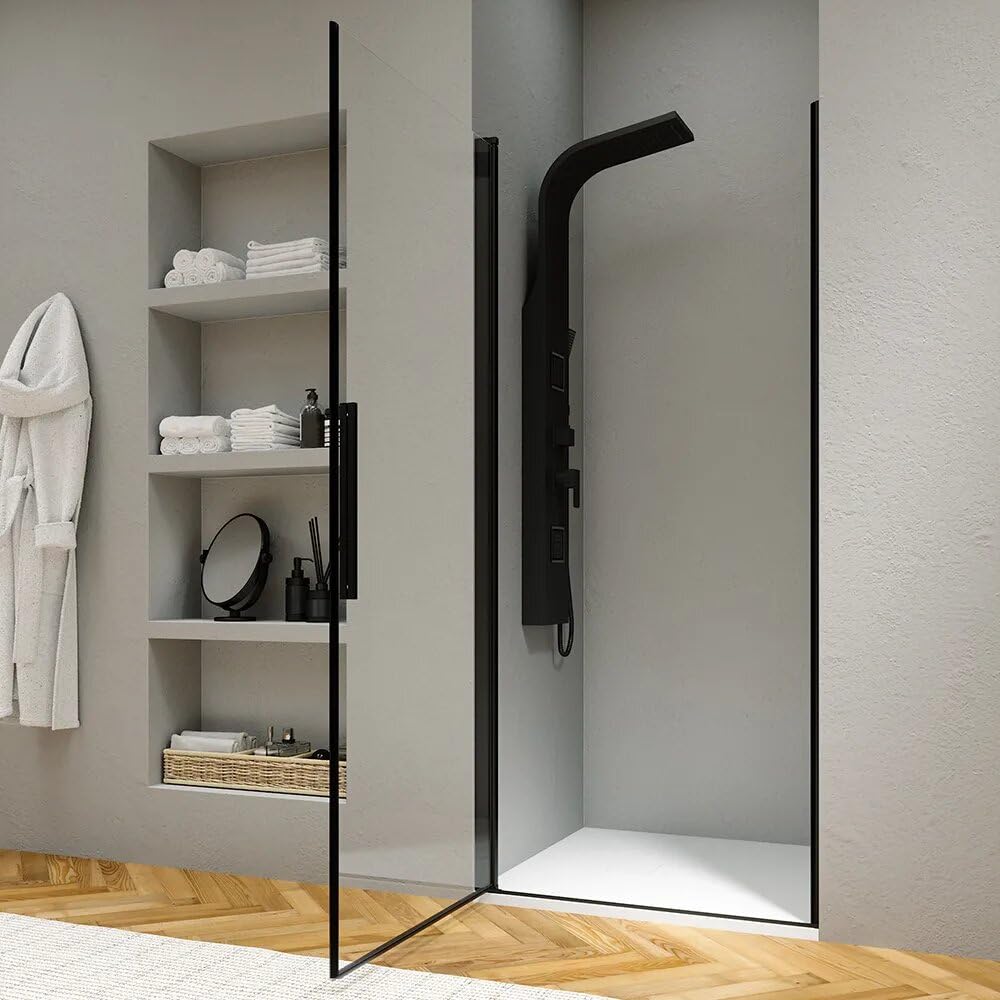 Elba - Puerta de ducha de 80 cm con apertura batiente con perfiles negro mate y cristal de 6 mm transparente de altura 195
