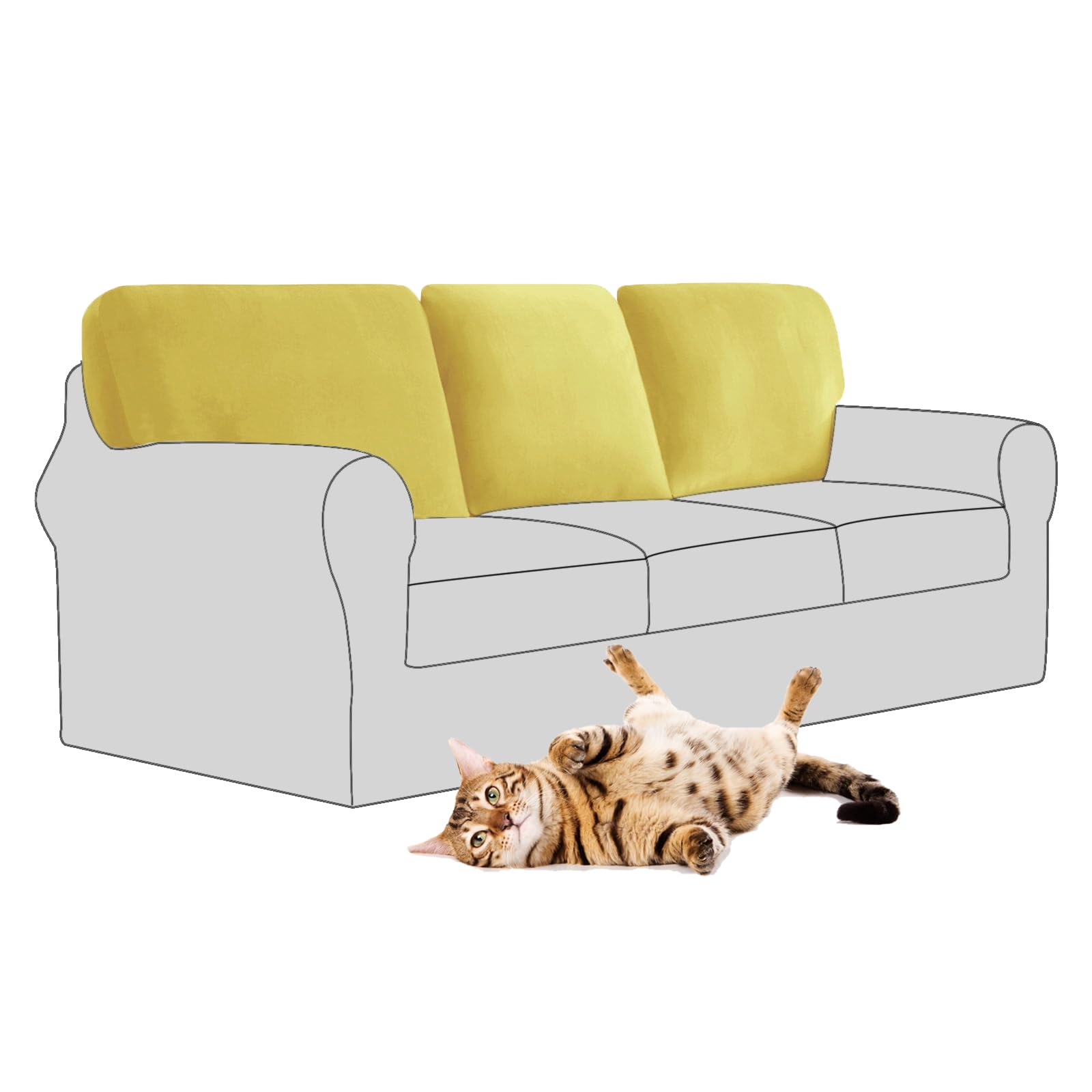SYLC Stretch Velvet Sofa Backrest Cover, Back Cushion Covers Non-Slip Sofa Cushion Slipcovers for Couch Chesterfield Caravan RV Dinette (Lemon,3 pcs Rectangle M)
