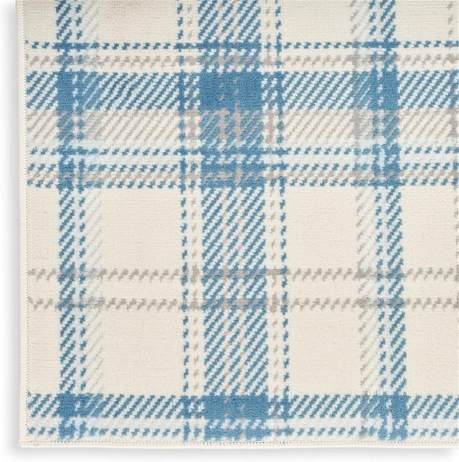 Pemberly Row 8' Runner Rug, Rustic Plaid Design, Fabric Ivory and Blue, Medium-Thick Polypropylene Pile, Machine-Made, Farmhouse Style, Indoor Rug for Living Room, Bedroom, or Entryway