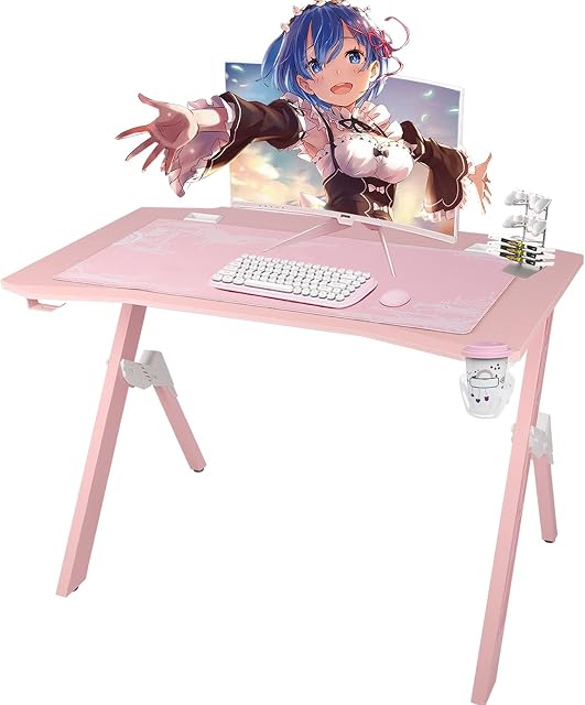 Bigzzia Gaming Desk Gaming Table Metal Legs Computer Gaming Desk Gamer Desk with Large Mouse Mat, Cup Holder & Headphone Hook for Female Gift, Pink, 110cm*60cm*76cm