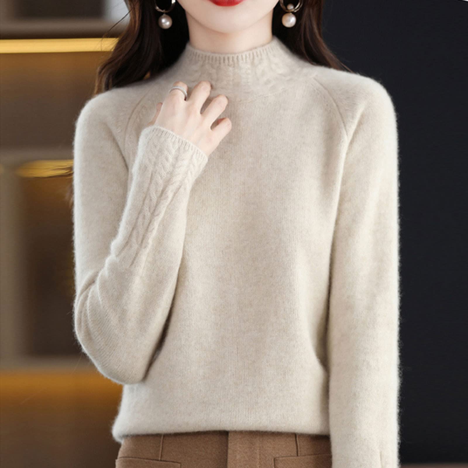 SFDPDM Pull Col Rond Femme Couleur Unie Pull d'hiver à Manches Longues Pullover Tricot Côtelé Pull Tricots Hauts,Beige-S