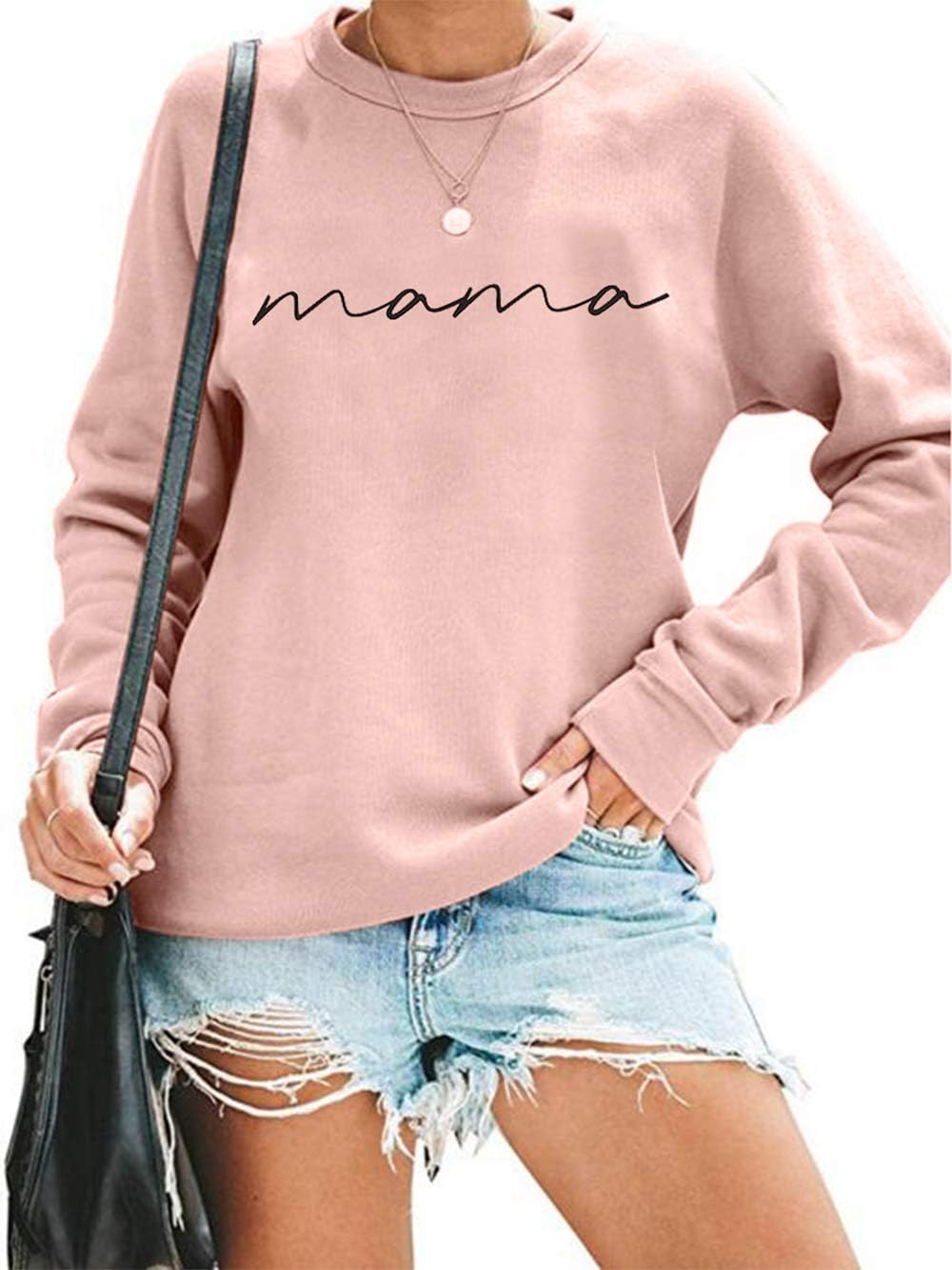ASTANFYWomens Crewneck Sweatshirt Mama Letter Print Long Sleeve Loose Fashion Pullover Top