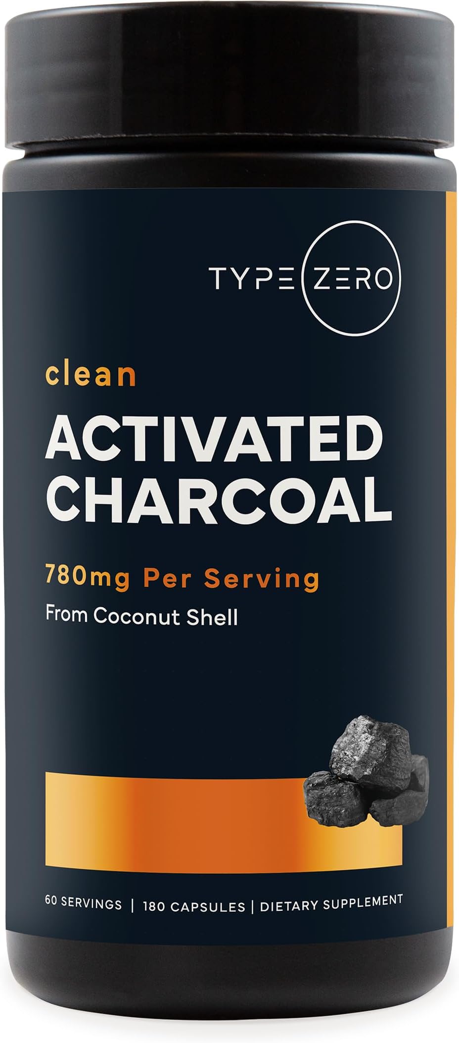 Type Zero Activated Charcoal Capsules (180 Count) - 60 Servings, 780mg Per Serving, from Coconut Shell, Non-GMO, Gluten-Free