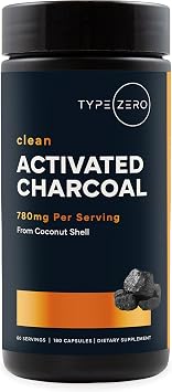 Type Zero Activated Charcoal Capsules 180 Count - 60 Servings, 780mg Per Serving, from Coconut Shell, Non-GMO, Gluten-Free