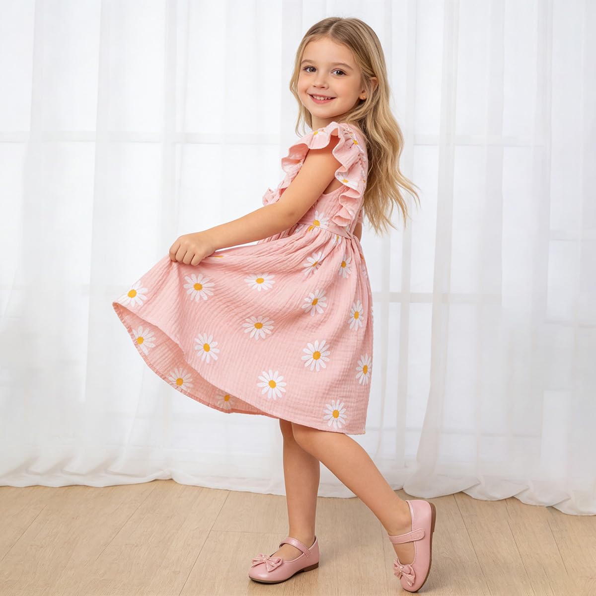 Robe d'Été Fille Casual Manches à Volants Unie/Imprimée Col Rond Boutonnée Robes Coupe Trapèze pour Enfants Fête d'anniversaire Tenue 2-6Y - 2