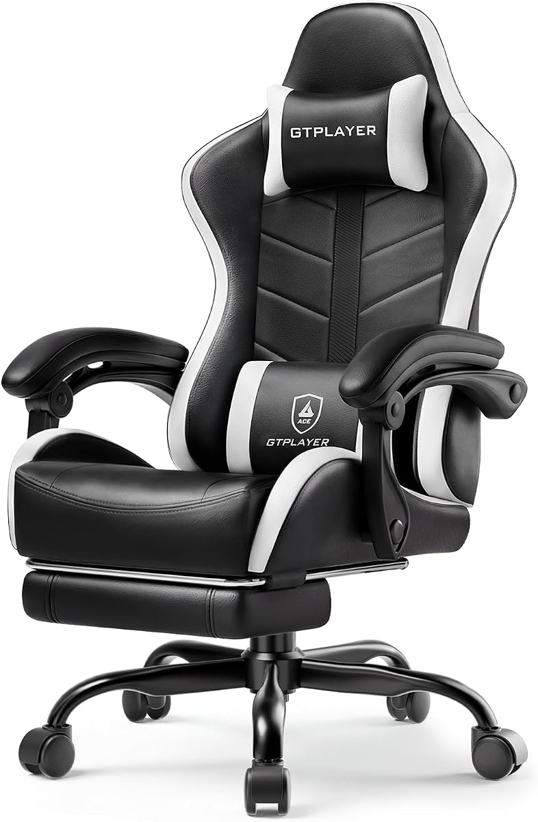 GTPLAYER Silla Gaming para Adultos, Silla de Ordenador con Reposapiés, Blanco Perla | Silla ergonómica para videojuegos con reclinación de 90-155°, reposacabezas extraíble y soporte lumbar, comodidad durante todo el día para el hogar y la oficina