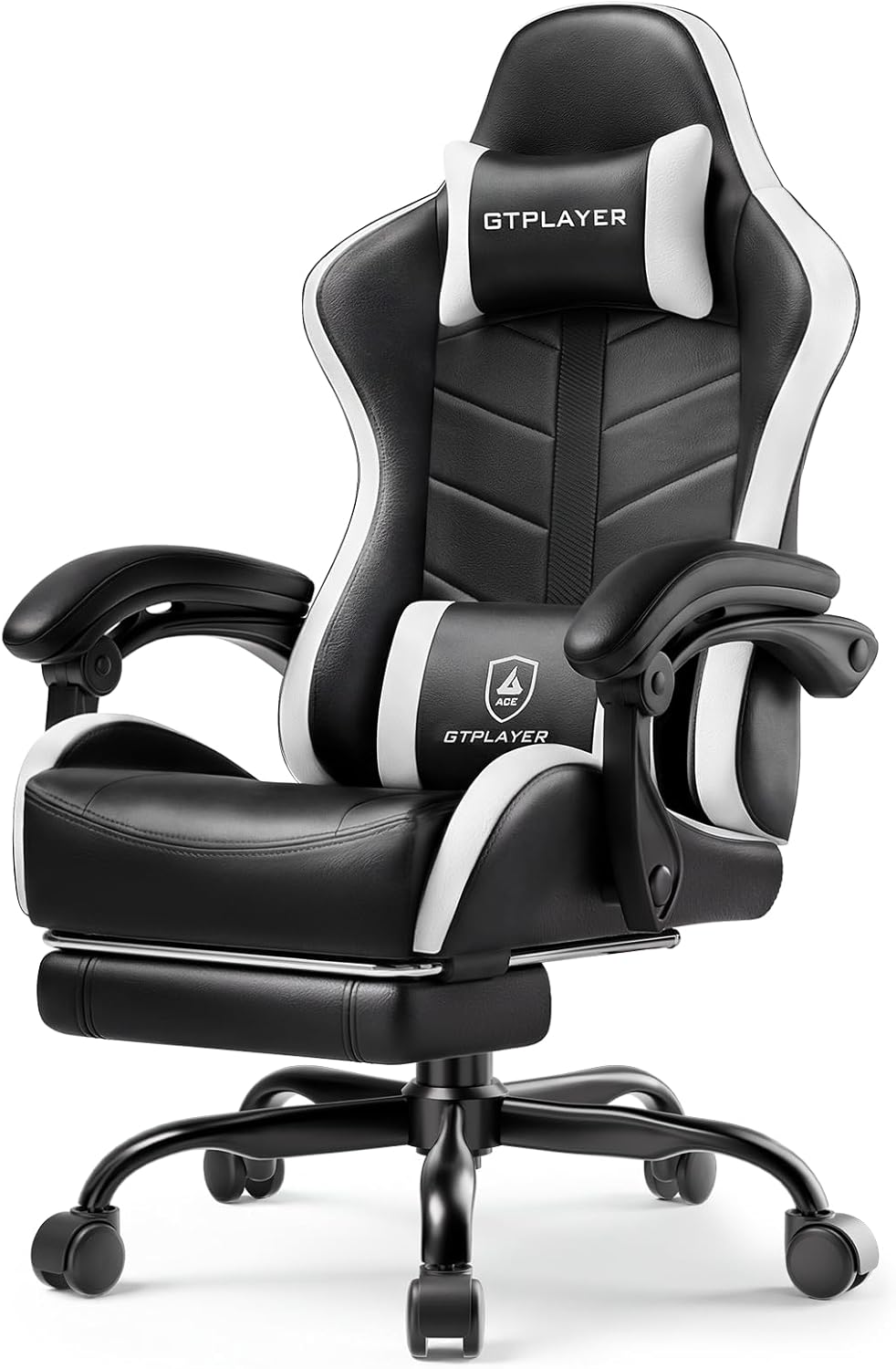 GTPLAYER Gaming Chair for Adults, Ergonomic Computer Gaming Chair with Footrest, Height Adjustable, 90-155° Recline & Removable Headrest Lumbar Support, Pearl White