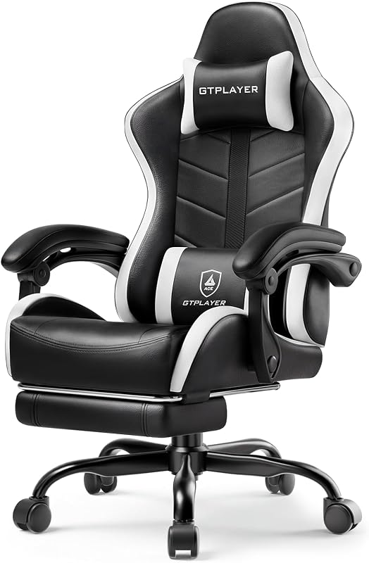 GTPLAYER Silla Gaming para Adultos, Silla de computadora con Reposapiés, Blanco Perla | Silla ergonómica para videojuegos con reclinación de 90-155°, reposacabezas extraíble y soporte lumbar, comodidad durante todo el día para el hogar y la oficina