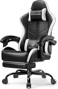 GTPLAYER Gaming Chair for Adults, Ergonomic Computer Gaming Chair with Footrest, Height Adjustable, 90-155 Recline & Removable Headrest Lumbar Support, Pearl White