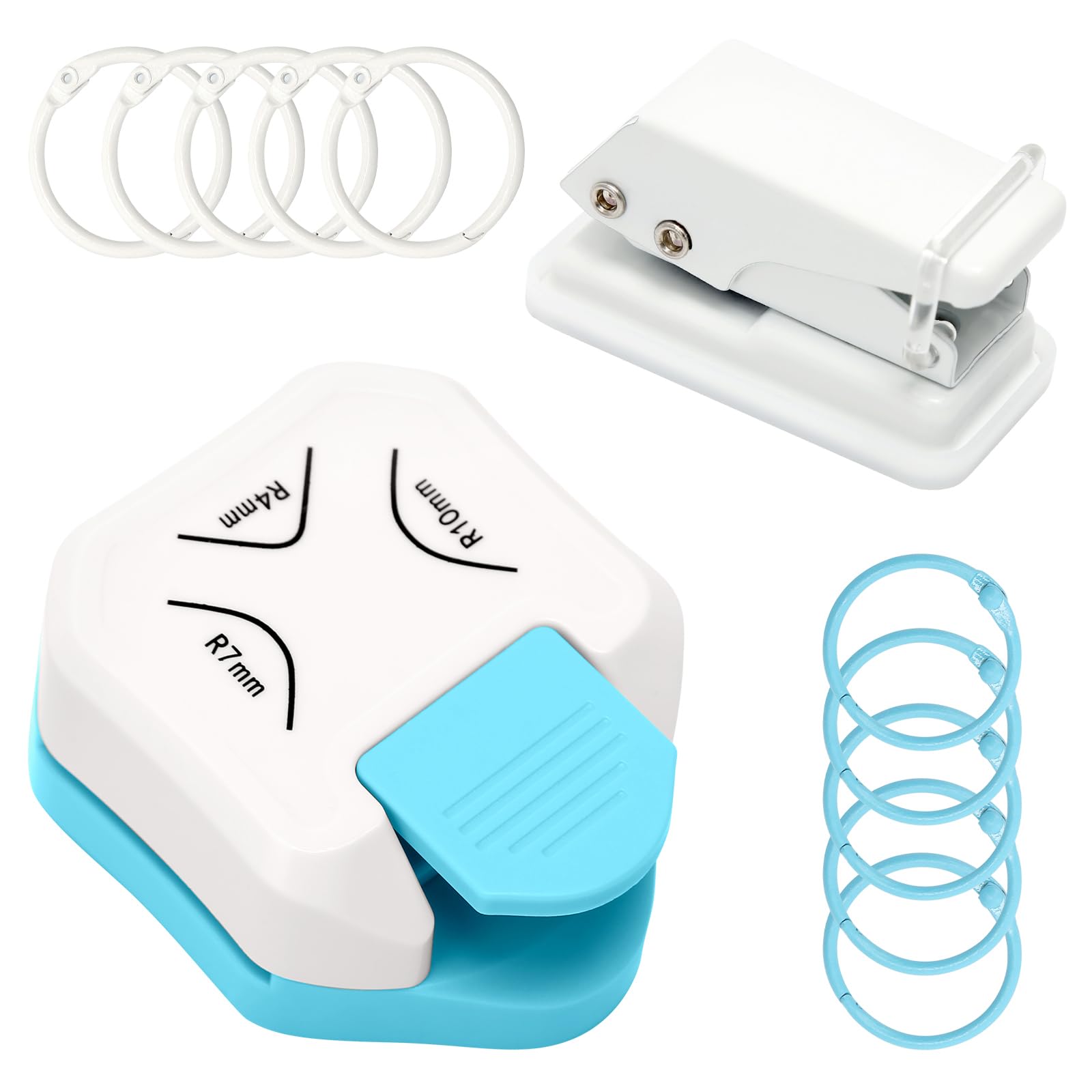3 in 1 Corner Rounder Punch, Paper Craft Corner Cutter with Single Hole Punch & 10 Binder Rings, R4, R7 & R10 mm for Scrapbooking, Card Making & Journaling (Rounding Corner)