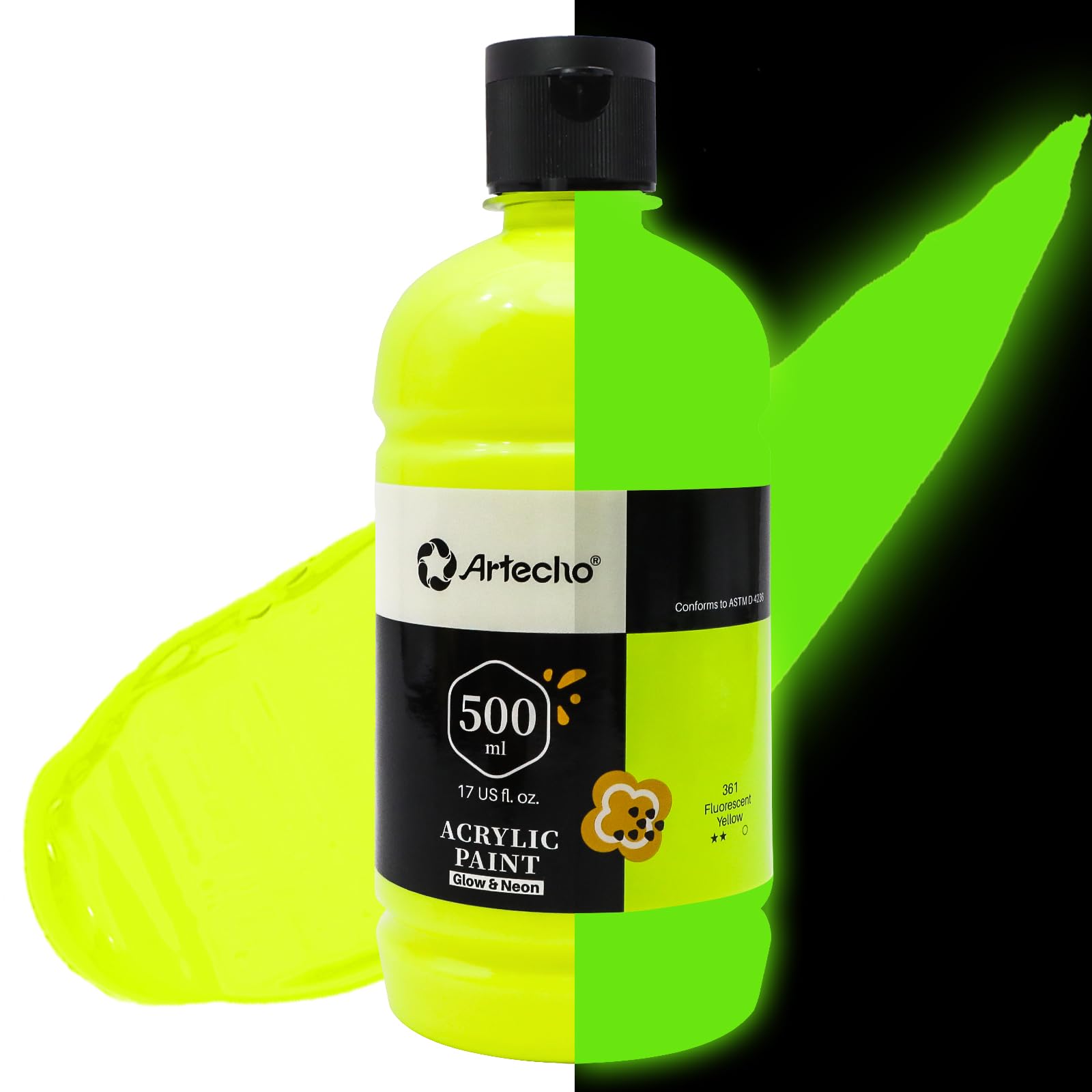 Artecho Yellow Glow in the Dark Acrylic Paint Large Bottle 500ml / 17oz, Craft Paint for Pumpkin, Canvas, Rocks, Wood, Ceramic, Non Toxic