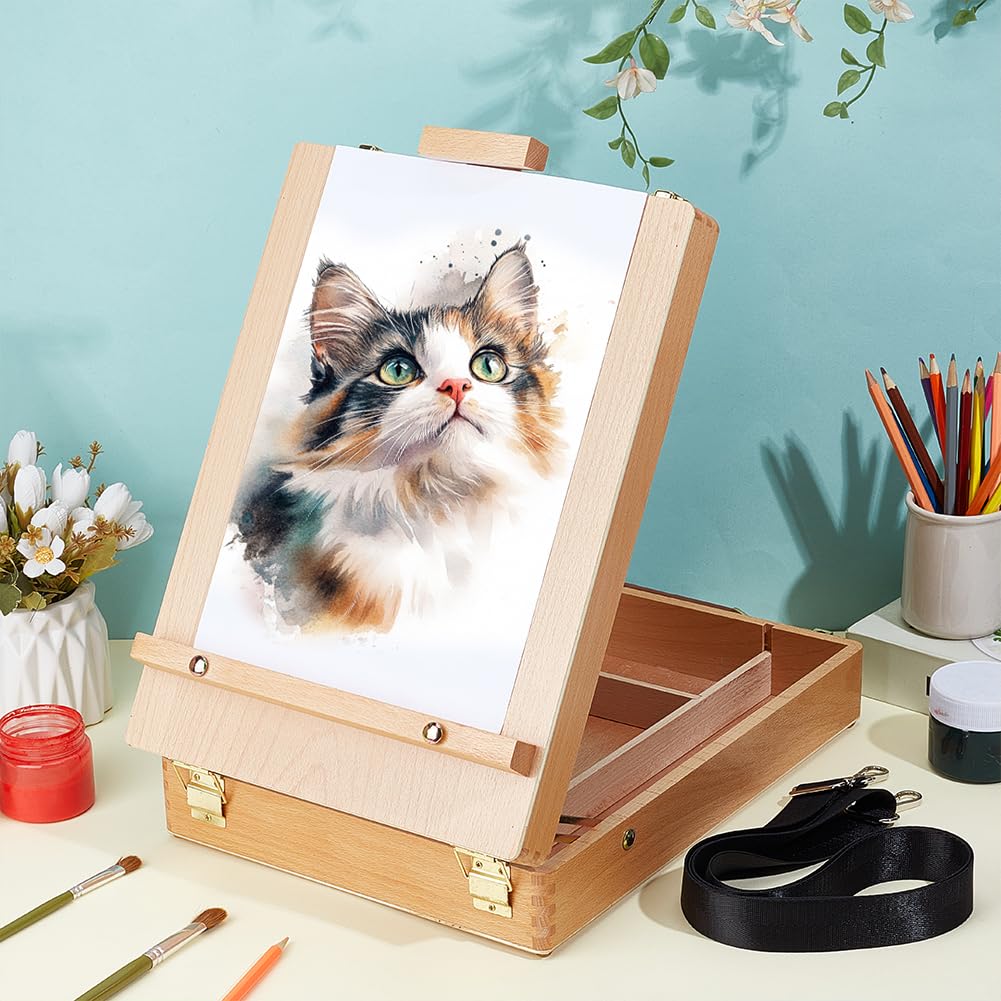 NBEADS 1 Cavalletto da Tavolo per Pittura, Scatola Disegno in Legno Portatile con Tracolla Nylon Regolabile Rimovibile, Custodia Artista per Szzo e Pittura all’Aperto, 358x270x81,5 mm