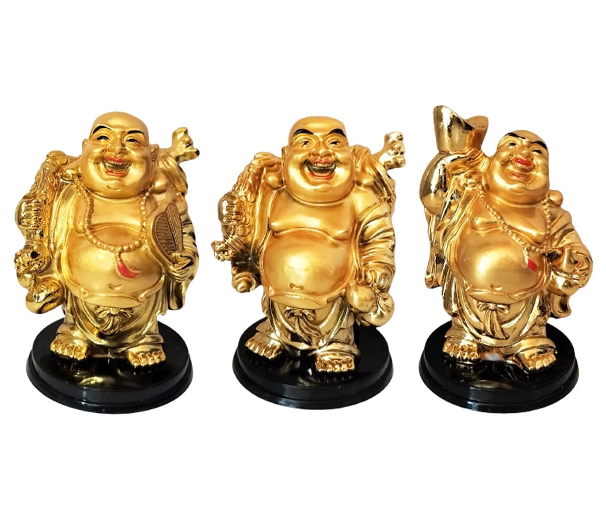 Satre Online and Marketing Feng Shui Laughing Buddha Set 3, Golden Laughing Buddha Statue - 3 Pcs