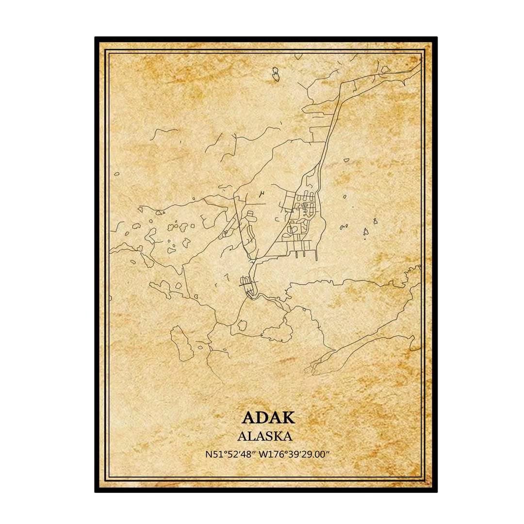 TANOKCRS Adak Alaska USA America Vintage Map Poster Artwork Wall Art City Road Map Print Travel Souvenir Gift Home Decor Unframed