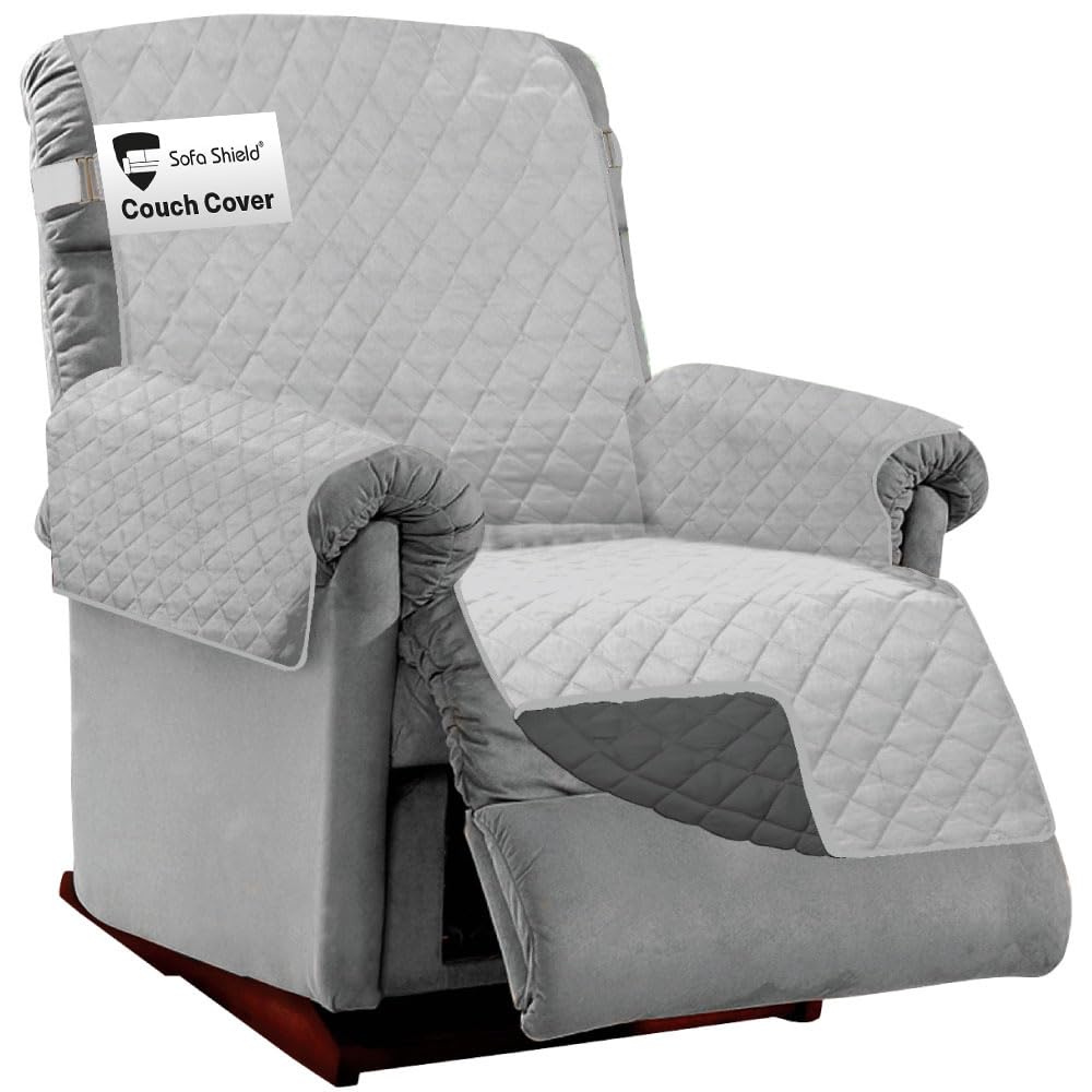 Sofa Shield Recliner Slip Cover with Patented Strap, Cushion Protector, US Designed Reversible Stain and Dog Tear Resistant Slipcover, 28 inch Seat, Washable Covers for Dogs Pets, Light Gray Charcoal