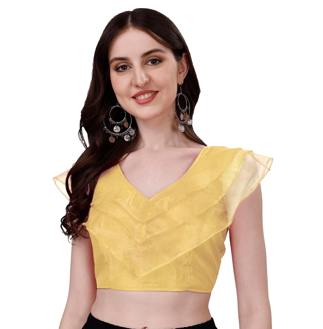pujia mills Readymade Blouse for Women | V Neck Plain Net Back Open Short Puffy Sleeve Blouse for Women Readymade Fancy Stylish | Size : 38| Saree Blouses-picture-23