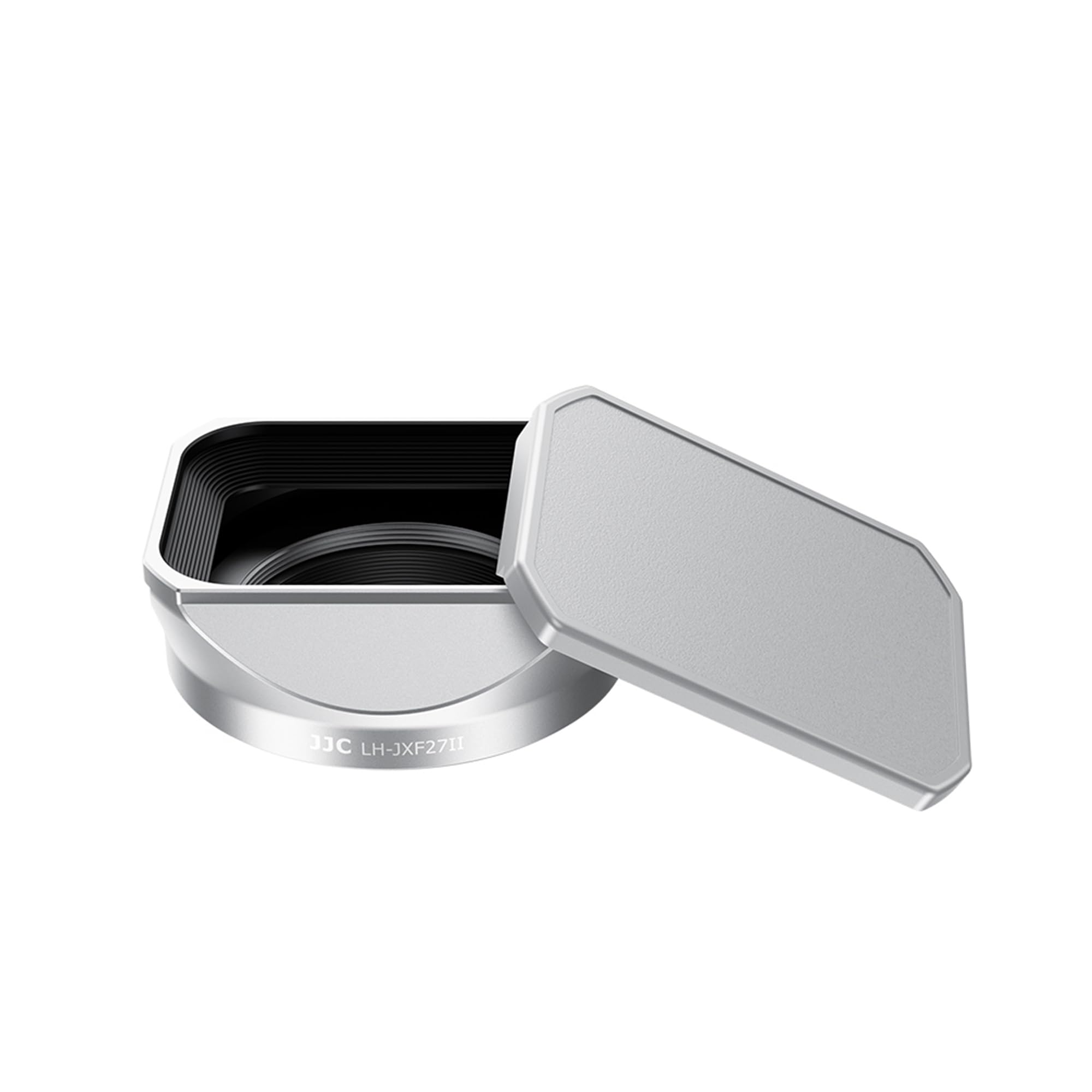 JJC Metalowa kwadratowa osłona obiektywu do FUJIFILM XF 23 mm F2.8 R WR Fuji XF27mm F2.8, osłona przeciwsłoneczna obiektywu aparatu z osłoną maski, zastępuje oryginalny Fujifilm LH-XF27, srebrna