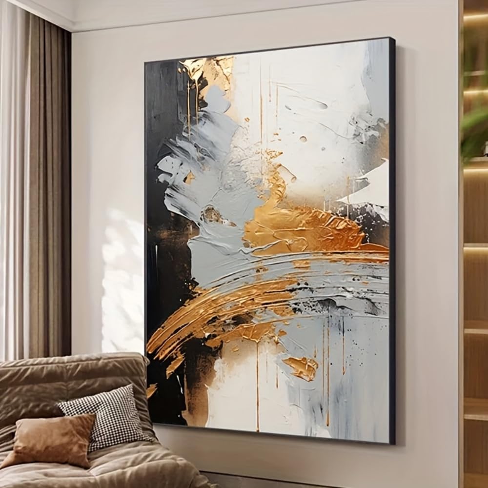 UUDEZO Modern Abstract Oil Painting Golden and Gray Luxurious Wall Art Suitable for Living Room Home Decor(65x130cm/(25x51inch)/with Frame)