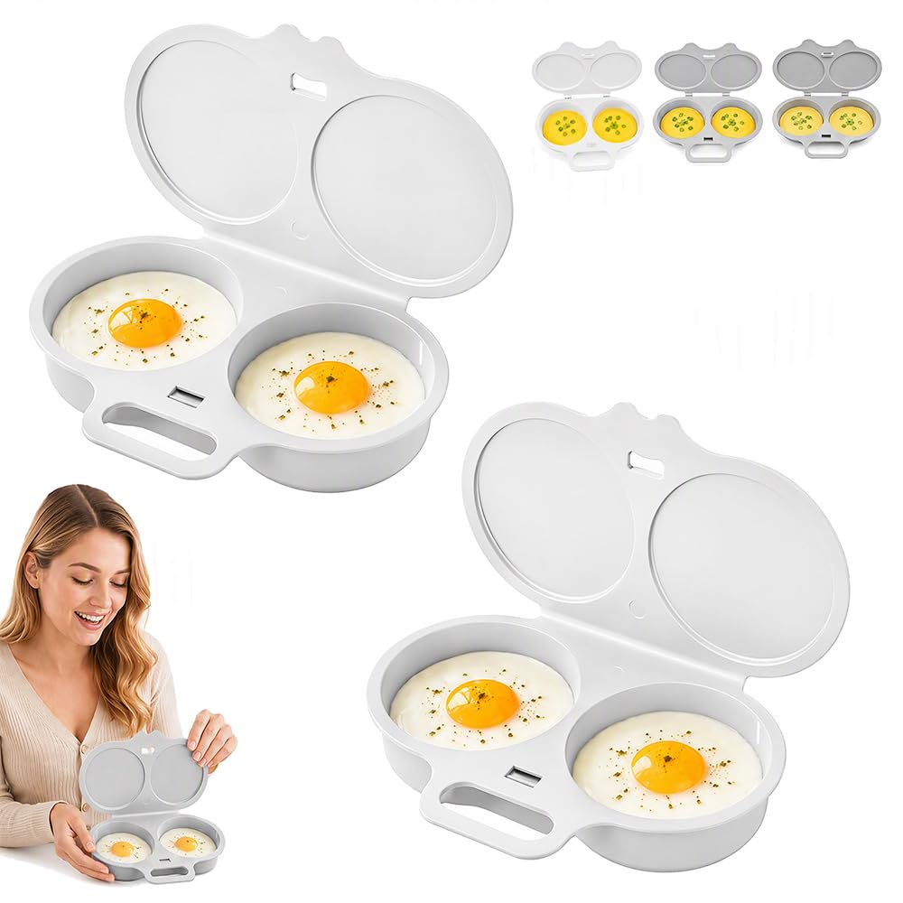 Dual Cavity Microwave Egg Poacher for 2 Eggs with Lid and Handle White*2