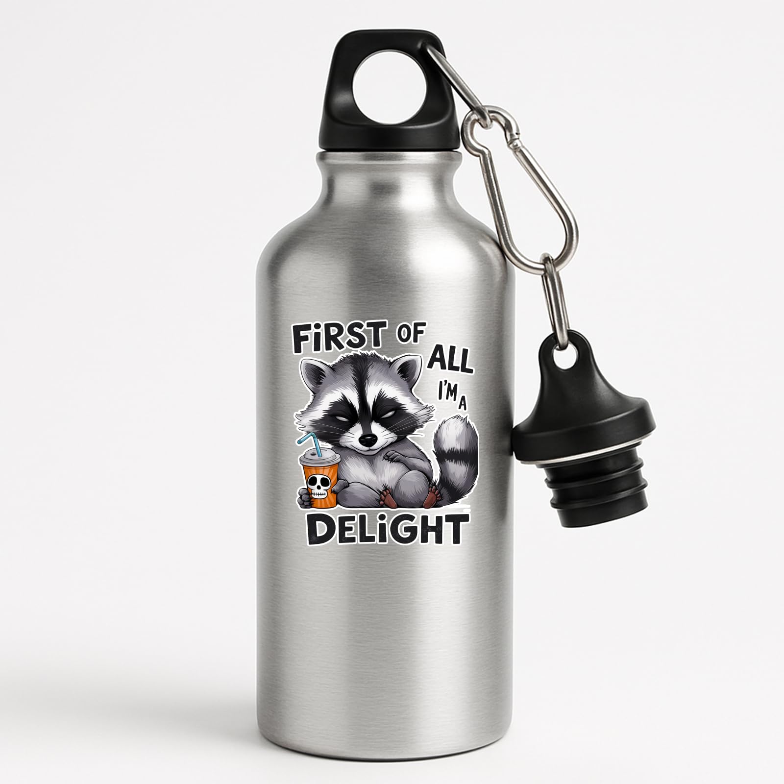 Excudo Trade LTD First of All I m a Delight Funny Raccoon Water Bottle Animal Attitude Stainless Steel Flask Sarcastic Skull Drink Bottle Reusable Leak-Proof Gift for Gym Work or Travel - White