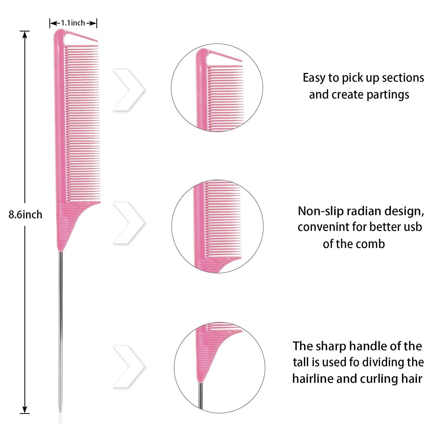 Peines de cola de rata: juego de 3 peines de cola de rata, peine de peluquería, peine de cola de rata, peine de separación para mujer, ideal para todo tipo de cabello (rosa)